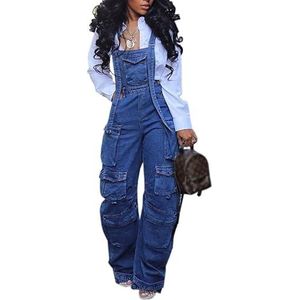 OHERUWKLS Dames Lente Baggy Trendy Meerdere Zakken Wijde Pijpen Cargo Denim Overalls Jumpsuit,Blauw,3XL