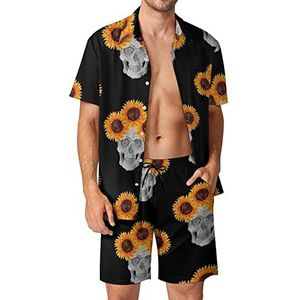 Schedel Zonnebloemen Hawaiiaanse sets voor mannen Button Down Korte Mouw Trainingspak Strand Outfits 2XL