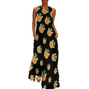 Ananas Kat Damesjurk op enkellengte, slanke pasvorm, mouwloos, maxi-jurk, casual zonnejurk, 3XL