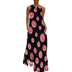 Cartoon Donut dames enkellengte jurk slim fit mouwloze maxi-jurken casual zonnejurk 2XL