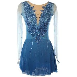 Nnnydjy Schaatskostuum met lange mouwen voor meisjes Elastische kunstschaatswedstrijdjurk Danspakjes voor ritmische gymnastiek voor dames Handgemaakte applicaties,A,11_13Years