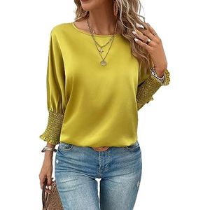 dames topjes Effen satijnen blouse met vleermuismouwen for dames, losse pasvorm, casual elegante top (Color : Yellow, Size : M)