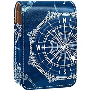 Lipgloss Houder Lipstick Case Draagbare Mini Lipstick Opbergdoos Reizen Lipstick Organizer Case met Spiegel voor Vrouwen Kompas Blauwe Nautische Kaart Achtergrond, Meerkleurig, 9.5x2x7 cm/3.7x0.8x2.7 in