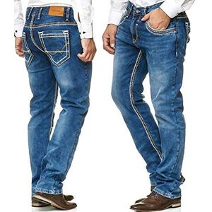 iProfash Dikke naad herenjeans broek gewassen rechte snit regular stretch grijs blauw W29-W38, 5179. blauw, 32W / 32L