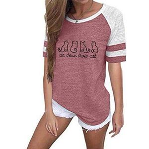 KaloryWee Plus Size T-shirts voor Vrouwen Dames Oversized Baggy Grafische Leuke Liefde Kat Gedrukt Ronde Hals Mode Gestreepte Korte Mouw Blouse Katoen Causale Tee Shirts, roze, 46