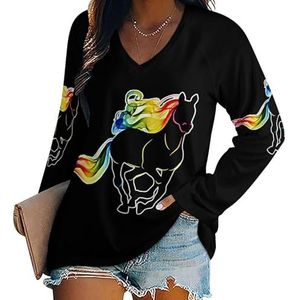 Kleurrijke Paard Vrouwen Lange Mouw V-hals T-shirts Herfst Tops Trui Tuniek Tee voor Leggings