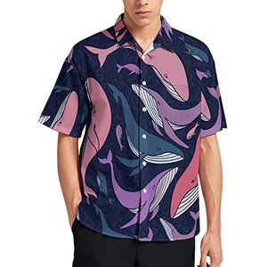 Sea Whales T-shirt met korte mouwen voor heren, casual button-down, zomer, strand, top met zak