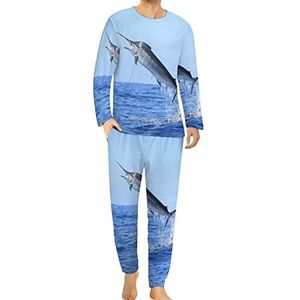Marlin Fish Jumping Comfortabele heren pyjama set ronde hals lange mouwen loungewear met zakken 5XL