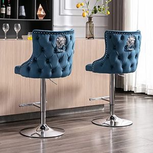 Wahson Fluwelen barkrukken set van 2 aanrechtstoelen met rugleuning, ontbijt barkrukken voor keukeneiland, draaibare barstoelen, hoge krukken, in hoogte verstelbaar, blauw
