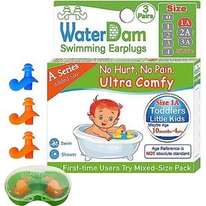 WaterDam, Zwem oordopjes, ultra comfortabel, geweldig waterdicht, voorkomen zwemmersoor, maat 1A+1A+1A: peuters en kinderen met kleine oren (Blauw Oranje Oranje)