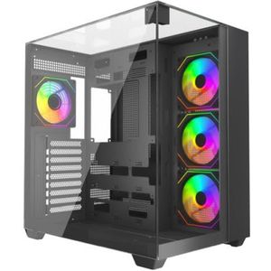 VIDA Visio Black ARGB Gaming Cube Case met glazen zijkant, voor en boven, ATX, 4x ARGB-ventilatoren, 6-poorts ventilatorhub en afstandsbediening, USB-C, compatibel met Asus BTF