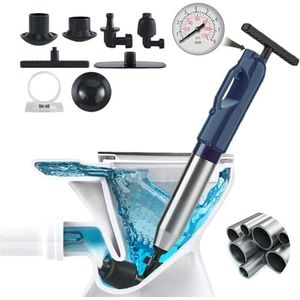 Wenbones Buisreiniger, perslucht, afvoerreiniger, pomp met luchtcompressie, 4 zuignappen, luchtdrukweergave, voor wastafel, toilet, badkamer, keuken, buisreiniger met veermechanisme (blauw)