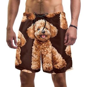 PAFEFO Schattige harige bruine honden heren boardshorts, sneldrogend strand zwemmen sportpakken met zakken, Schattige harige bruine honden, M