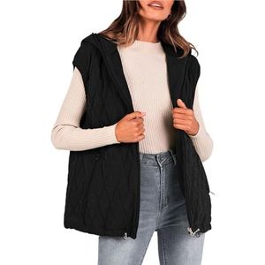 Winter Vest Donsvest Dames Los Casual Mouwloos Ritsjack Gewatteerd Vest Met Capuchon Mouwloos Vest(Black,M)