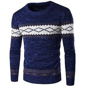 Heren trui met ronde hals en lange mouwen, zachte thermische gebreide trui winter gestreepte trui voor mannen, casual trui met ronde hals, gebreide truien met lange mouwen, warm geribbeld gebreid voor werktrui, C-Blauw, XXL