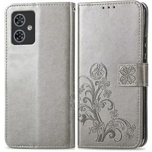 RankOne Lederen hoes voor Motorola Moto G54 / Motorola Moto G54 Power (6,5 inch), portemonneehoes met 3 kaartvakken, 1 muntenvak klaverjejespatroon vierblad, grijs