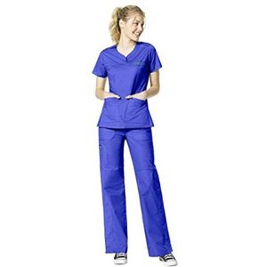 Wonderwink FLEX Women's Notch Neck Top & Multi-Pocket Cargo Pant Scrub Set + Badge Reel