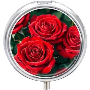 Veel rode roos pillendoos draagbare pillenorganizer met 3 compartimenten en kleine spiegel reispillendoosje voor zak of portemonnee ronde medicijnorganisator decoratieve vitamine-organizer