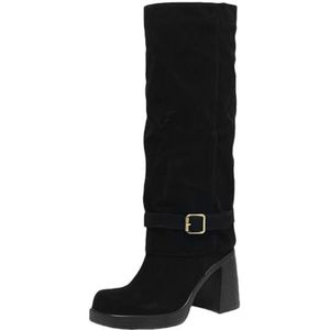 Modieuze Hoge Laarzen Met Vierkante Neus Dames Lange Laarzen Met Blokhak Suède Instapschoenen Met Metalen Gesp Herfst-winter 9 Cm Hoge Hakken for Feestjes, 36-43 EU(Black,43 EU)