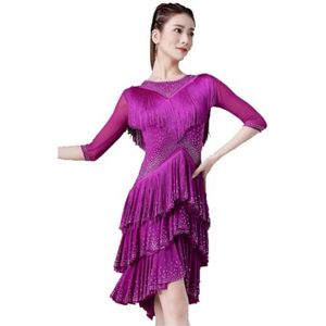 FZHQNZJF Latijns Prestatie Dansjurken Cha Cha Balzaal Danskostuums Tango Salsa Danskleding met Strass Gemiddelde Mouw Danskleding voor Rumba Samba,Purper,L
