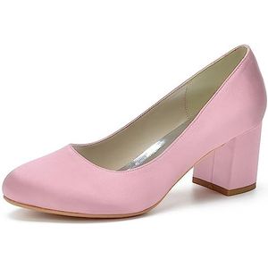 HFWXYSA Womens Dress Pumps Chunky Hakken voor Vrouwen Ronde Teen Mid Block Heels Slip On Pumps Schoenen voor Office Lady Dancer Trouwschoenen,Roze,35 EU