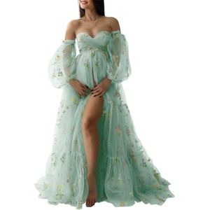 KIYNE Zwangerschapsjurk voor dames, met bloemenborduurwerk, tule, zwangerschapsjurk voor fotoshoot, vogeljurk, zwangerschapsjurk voor babyborrel, mintgroen, 32