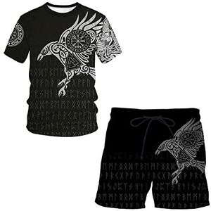 Viking Wolf Crow Bedrukt T-shirt Shorts Set, Noorse Plus Size Middeleeuws Trainingspak Met Korte Mouwen, Zomer Vintage Street Style Sportkleding 2-delige Set