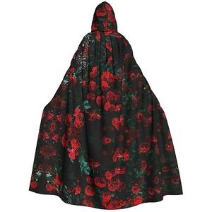 FRESQA Rode en zwarte roos feestdecoratie mantel,Cape met capuchon voor volwassenen,Ultieme heksenmantel voor Halloween-bijeenkomsten