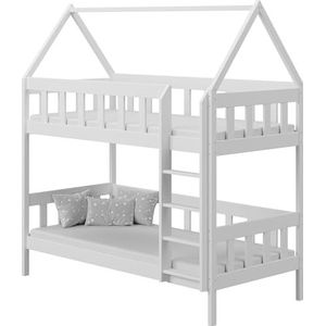 WFL GROUP Stapelbed, huisbed voor kinderen, wit, 80 x 180 cm, houten hoogslaper met valbeveiliging en twee laden, voor jongens en meisjes, Scandinavische stijl, zonder matras