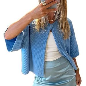 Women Knitted Crop Cardigan Shirt Short Sleeve Button Down Ribbed Knit Crop Top Y2k Girls Outwear Tops (X-Large,Blue)