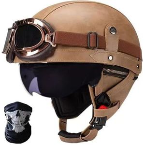 Duitse leren motorhelmen, halve schaalhelm met DOT/ECE, retro jethelm, scooterhelm, chopperhelm, fietshelm, met zonneklep en snelsluitingen open helm O,XL=61-62CM