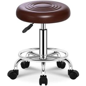 FXLUHAY Rollende winkelkruk met wielen, draaibare salonkruk, verstelbare tekentruk, werkbankkruk, massage spa tatoeage fotografie kruk met PU-leer gedempt (bruin)