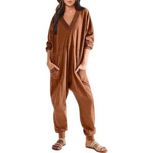 Haibang Jumpsuit met lange mouwen voor dames, V-hals, casual, oversized, jumpsuit, losse pasvorm, comfortabele eendelige en lounge-romper, eendelige pyjama, outfits met zakken, Baksteen Rood, S