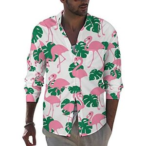 Roze flamingo's patroon mannen button down lange mouw casual strand tops met zak normale pasvorm