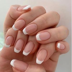 24 stuks Franse kunstnagels - Volledige dekking kunstnagels Vierkante plaknagels - Franse vierkante acryl kunstnagels met lijm for vrouwen en meisjes Nail Art(White Short Ballet)