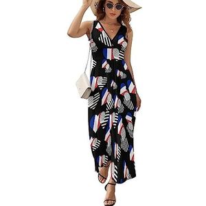 Franse en zwarte Amerikaanse vlag maxi-jurk voor vrouwen mouwloze lange zomerjurken strandjurken A-lijn 2XL