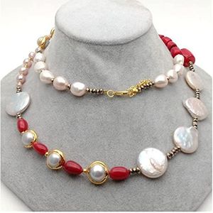 PYRJLMYQ Modesieraden, lange halsketting van hematiet van rode koraalbuis, witte zoetwaterparel, cadeau, handgemaakt, 83 cm, Eén maat, Agaat