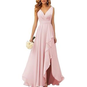 KURFACE Bruidsmeisjesjurken met V-hals, met split en ruches zonder mouwen, chiffon bruidsmeisje avondjurk, Blush Roze, 32