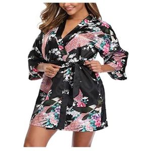 VONCYKI Satijnen zijde vrouwen bruiloft bruidsmeisje gewaad sexy kraan print badjas korte lange kimono nachtjapon gewaad mode ochtendjas vrouw (zwart, XXL)