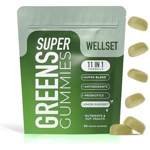 WELLSET Super Greens Gummies | 8 botanicals Blend met antioxidanten en darmvriendelijke probiotica | Toegevoegde probiotica + vezels voor darmgezondheid | 60 gummies | Alternatief voor Super Greens