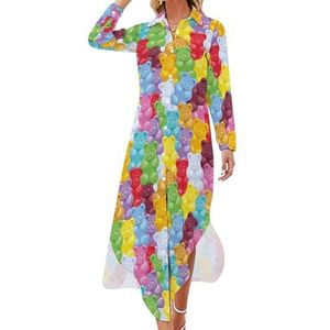 Gummy Bears Candies Maxi-jurk voor dames, lange mouwen, knoopsluiting, casual feestjurk, lange jurk, 5XL