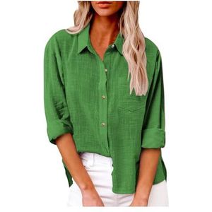 Dames katoenen linnen button-down overhemd 2024 lente casual effen kleur shirts met lange mouwen losse werktops met zakken(Color:Grass Green,Size:4XL)