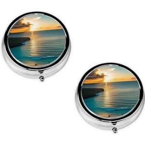 Hawaiian Seaside Sunset Cute Small Round Pill Box - 3 Compartiment Travel Pill Case, Gepersonaliseerde Draagbare Geneeskunde Organizer voor Portemonnee & Pocket