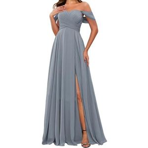 HPPEE Off-shoulder chiffon bruidsmeisjesjurken met split voor vrouwen mouwloze strapless avond formele jurk, Dusty Blauw, 32