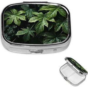 Pillendoosje Reizen Pillendoos met 2 Compartimenten Kleine Pillenetui voor Portemonnee & Pocket Draagbare Geneeskunde Organizer Groene Bladeren Patroon Leuke Ronde Pillencontainer voor Vitaminen