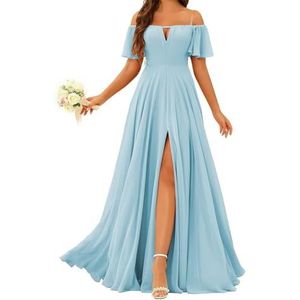 Prinses Bruidsmeisje Jurken Off Shoulder Prom Jurken Plooien Chiffon Formele Avond Party Maxi Jurk met Split ZMK196, Hemelsblauw, 32