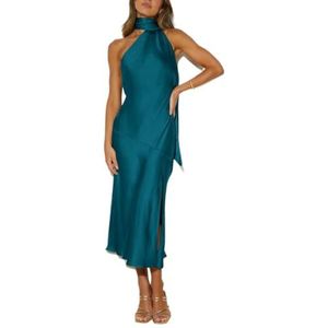 Lewey Sensuele satijnen maxi-jurk met open rug en modieuze split | Elegante Franse avondjurk, meerblauw, L