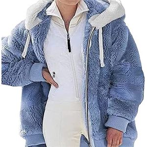 Fleecejack Dames Met Capuchon Warme Herfst en Winterjas Rits Damesjack Teddy Fleece Hoodie Warm Vest Pluche Capuchonjack Met Zakken (Color : Blue, Size : M)