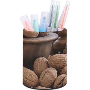 Rrtsmsgh Walnoot Noten Penhouder voor Bureau Minimalistische Make-up Borstelhouder Lederen Potlood Houder Multifunctionele Kantoorbenodigdheden Milieuvriendelijk Bureau Opslag voor Kantoor Home Decor