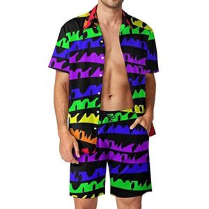 Zes-kleurige Rainbow Waves Hawaiiaanse Sets voor Mannen Button Down Korte Mouw Trainingspak Strand Outfits 2XL